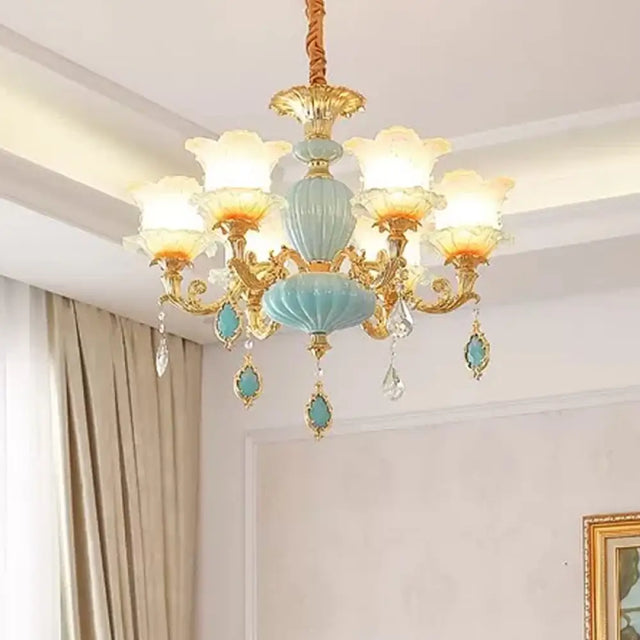 Modern Gold Ceiling Chandelier With Frosted Glass Crystal Accents 6 /