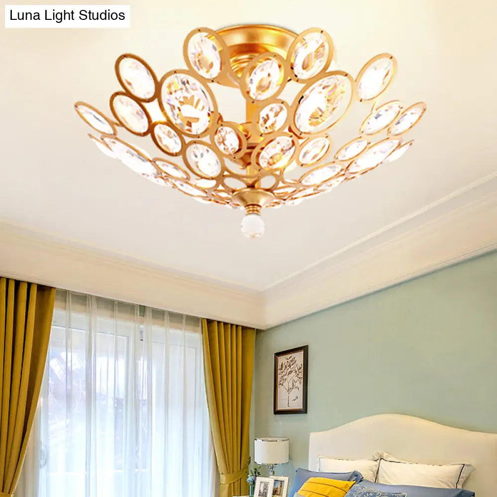 Modern Gold Ceiling Light With Dome Metal And Crystal Shade - 3-Light Bedroom Flush Fixture