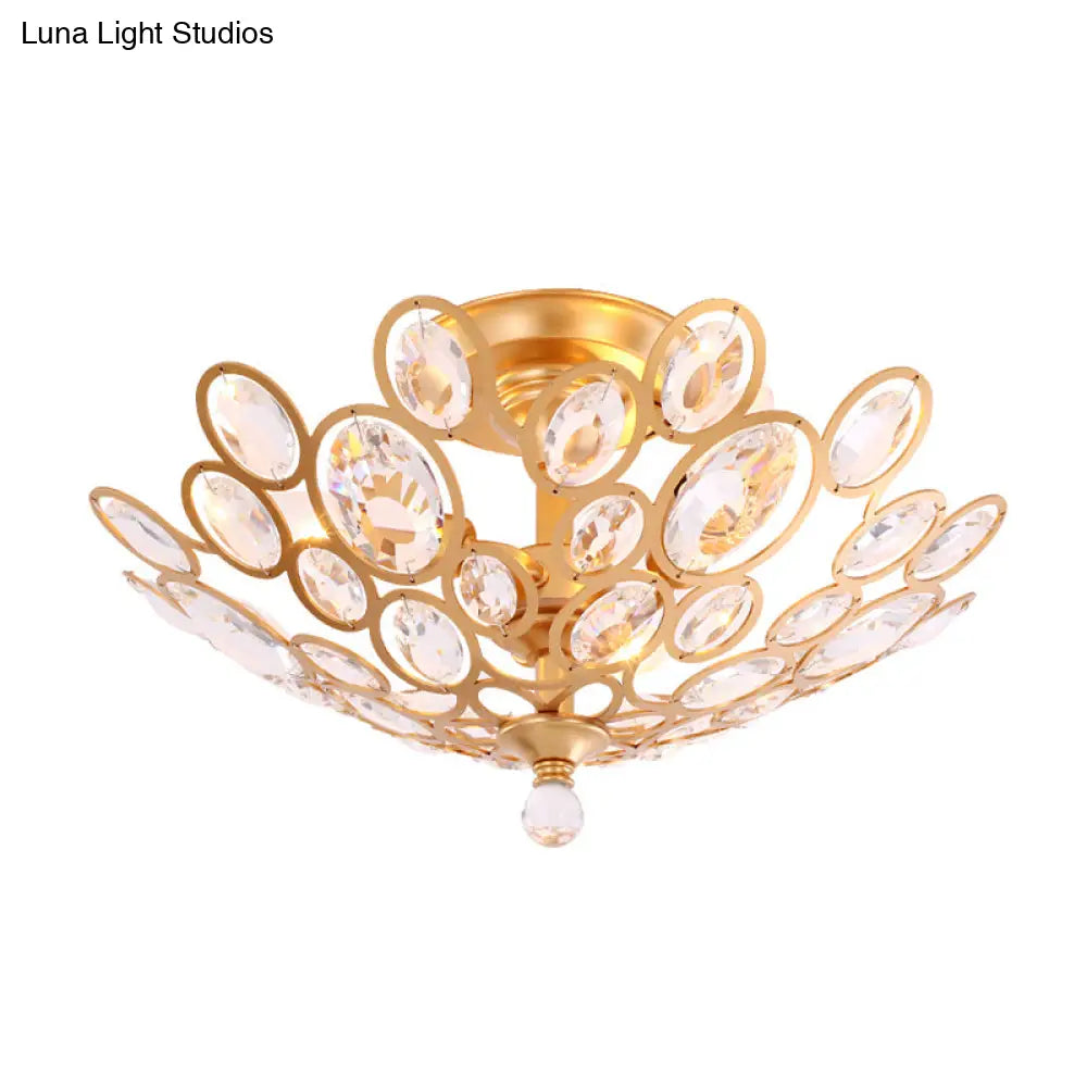 Modern Gold Ceiling Light With Dome Metal And Crystal Shade - 3-Light Bedroom Flush Fixture