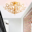 Modern Gold Ceiling Light With Dome Metal And Crystal Shade - 3-Light Bedroom Flush Fixture