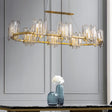 Modern Gold Ceiling Pendant Lamp With Clear Crystal Icicle Shade 8 Bulbs Oval Design