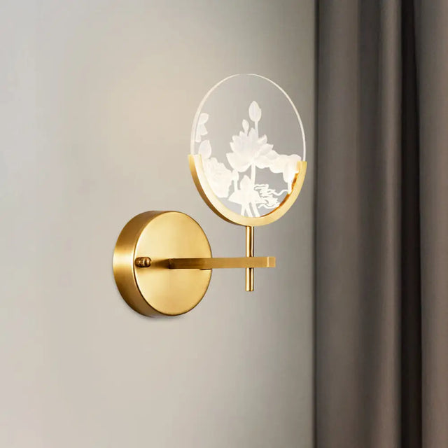 Modern Gold Circle Panel Led Wall Sconce With Lotus Pattern In White/Warm Light