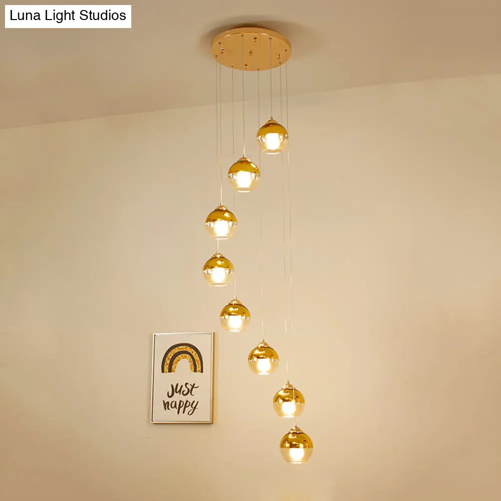 Modern Gold Cluster Pendant Lamp With Clear Glass And Led Lights - 8-Head Ceiling Fixture For Stairs