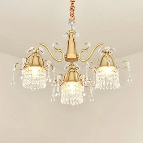 Modern Gold Crystal Drip Cylinder Chandelier With 3 Pendant Lights For Bedroom