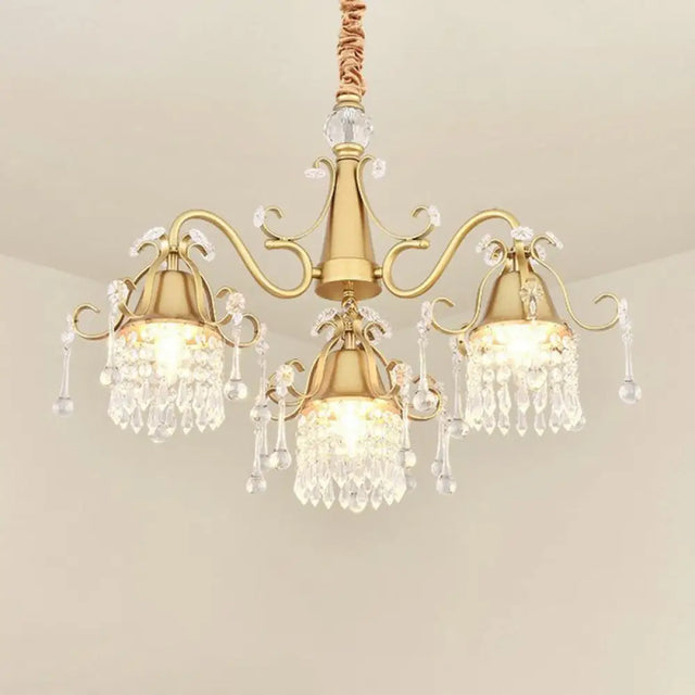 Modern Gold Crystal Drip Cylinder Chandelier With 3 Pendant Lights For Bedroom