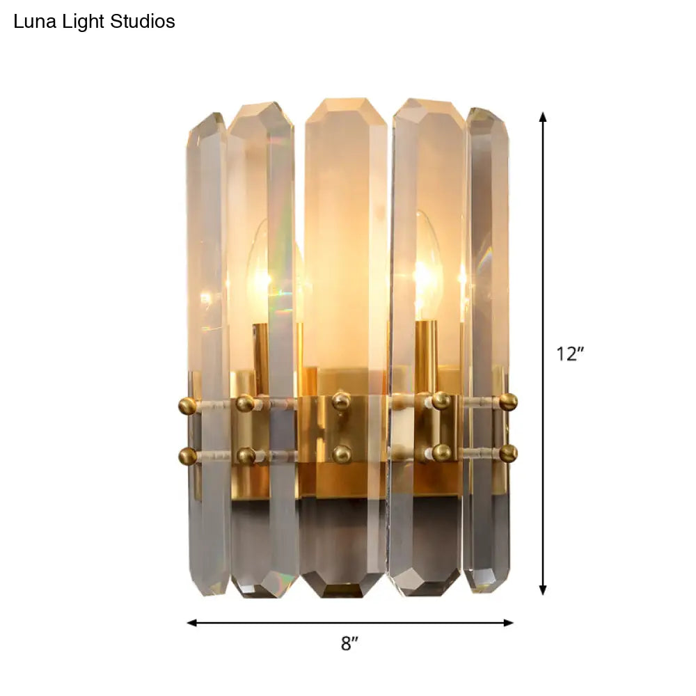 Modern Gold Crystal Flush Wall Sconce: Half-Cylinder Rectangle-Cut Lamp With 2 Lights For Hallways
