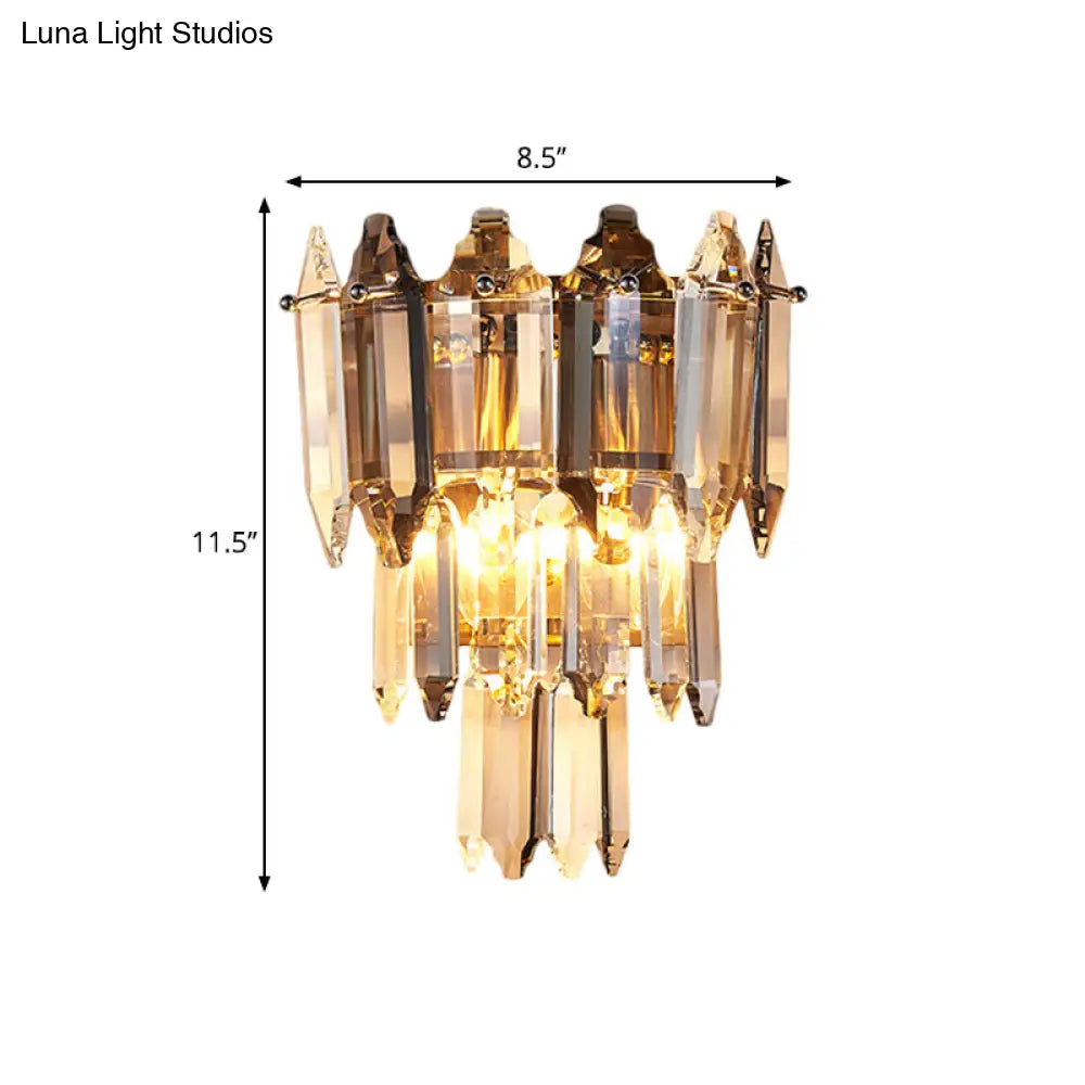 Modern Gold Crystal Flush Wall Sconce With Tapered Heads - Elegant Mount Light Fixture