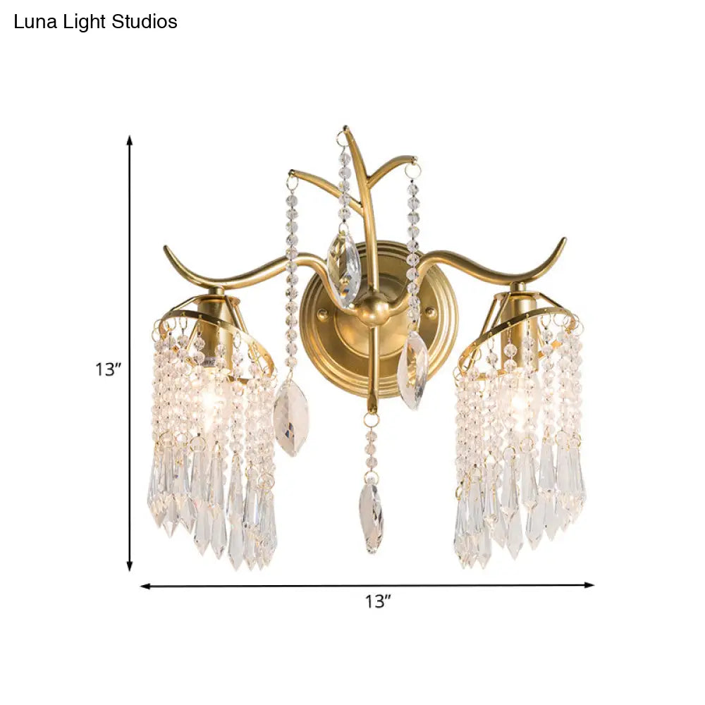 Modern Gold Crystal Teardrop Wall Sconce With Windbell Design - 2 Heads Lighting