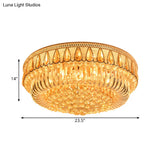 Modern Gold Drum Flush Mount Ceiling Light With 7 Clear Crystal Orbs - Ideal For Living Room