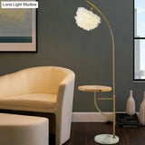 Modern Gold Feather Hemisphere Shade Floor Lamp With Wooden Tray - 1 Bulb Standing Light