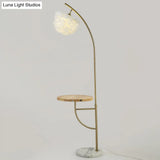 Modern Gold Feather Hemisphere Shade Floor Lamp With Wooden Tray - 1 Bulb Standing Light