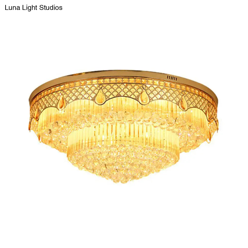 Modern Gold Finish Flush Mount Ceiling Light With 6 Tapered Bulbs And Crystal Balls