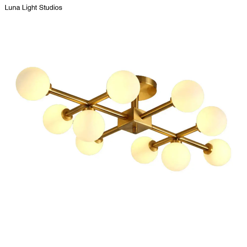Modern Gold Finish Semi Flushmount Ceiling Lamp For Study Room - Modo Metal Milk Glass Light