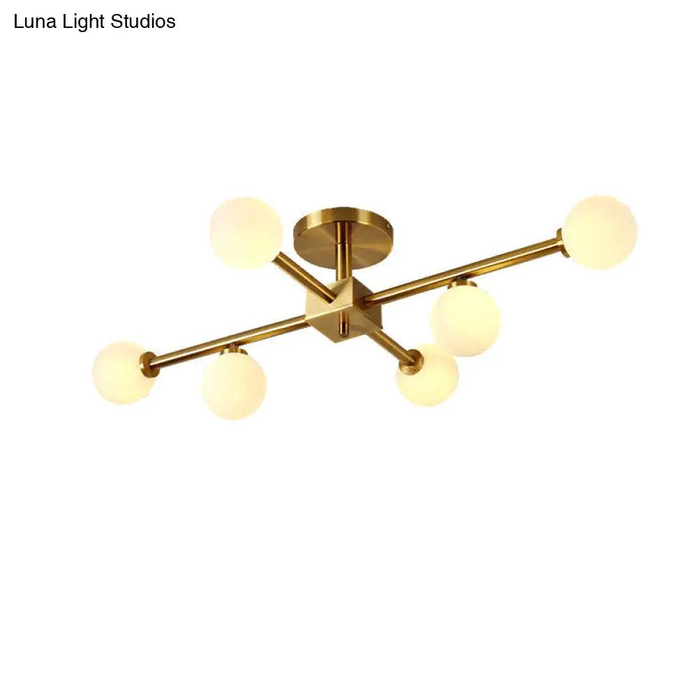 Modern Gold Finish Semi Flushmount Ceiling Lamp For Study Room - Modo Metal Milk Glass Light