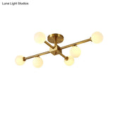 Modern Gold Finish Semi Flushmount Ceiling Lamp For Study Room - Modo Metal Milk Glass Light
