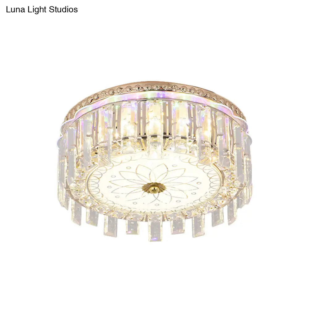 Modern Gold Flush Mount Ceiling Light Fixture With Led Crystal Block And Petal Pattern