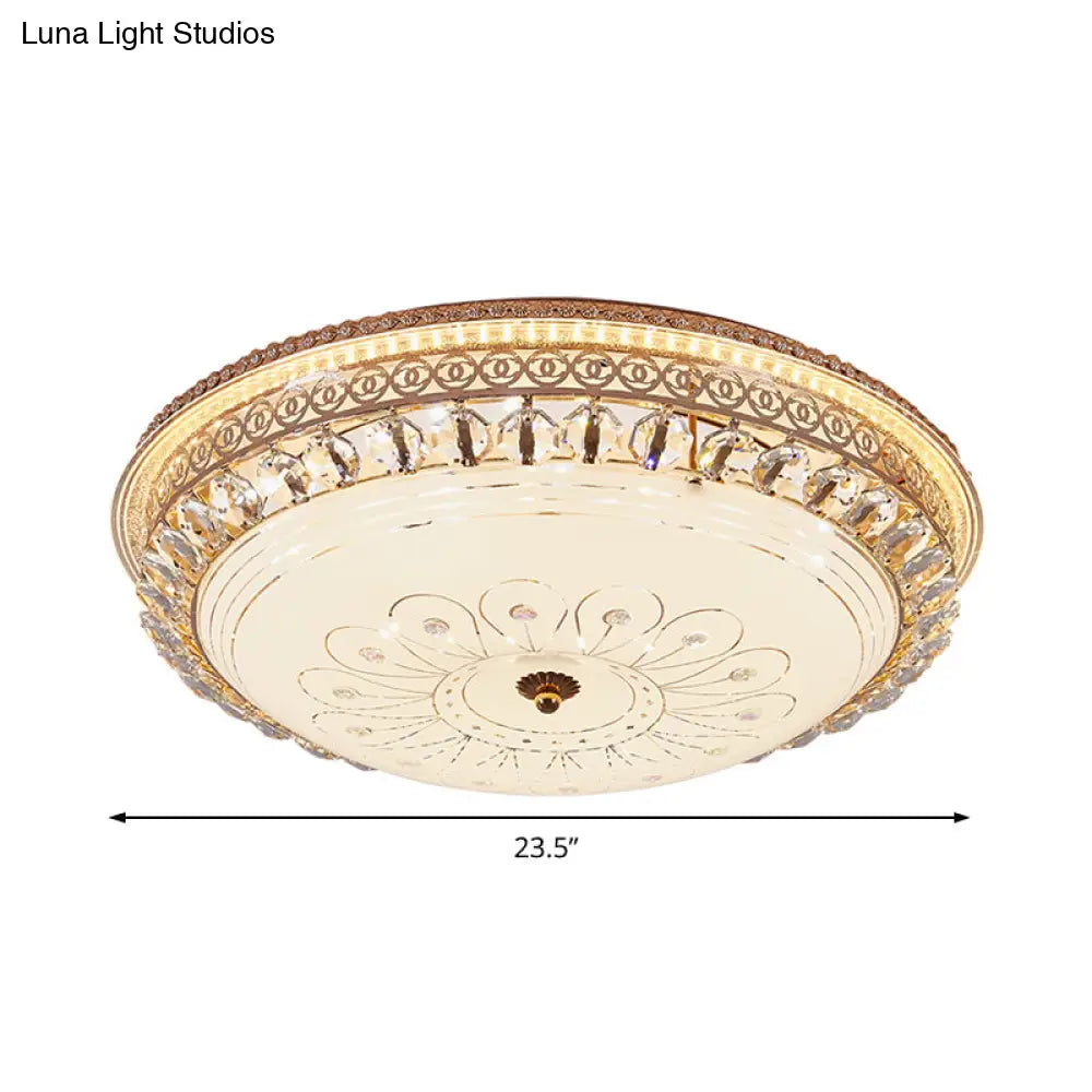 Modern Gold Flush Mount Ceiling Light With Opal Glass Led And Crystal Accent - 16’/19.5’ W