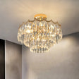 Modern Gold Flush Mount Chandelier With Clear Crystal Drops - 9-Bulb Bedroom Ceiling Lighting