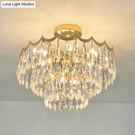 Modern Gold Flush Mount Chandelier With Clear Crystal Drops - 9-Bulb Bedroom Ceiling Lighting