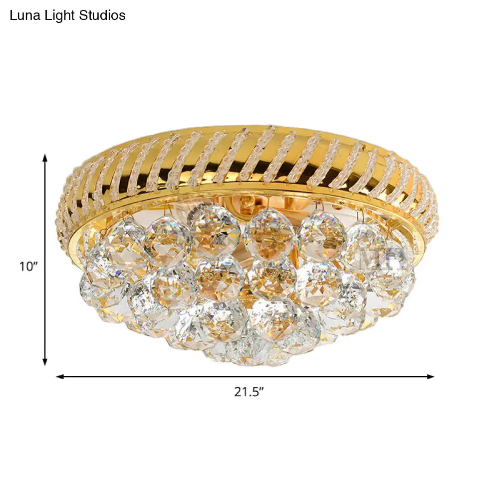 Modern Gold Flush Mount Chandelier With Crystal Ball & Round Shade - 14’/18’ W 3/4/5 Heads