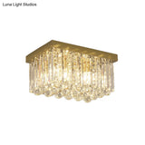 Modern Gold Flush Mount Light With Crystal Block Shade - 2 Lights Rectangle Ceiling Design