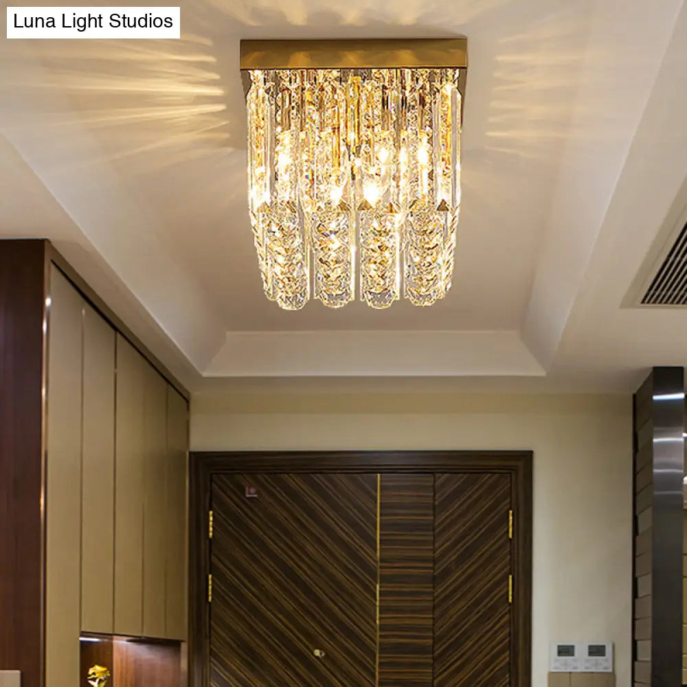 Modern Gold Flush Mount Light With Crystal Block Shade - 2 Lights Rectangle Ceiling Design