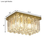 Modern Gold Flush Mount Light With Crystal Block Shade - 2 Lights Rectangle Ceiling Design