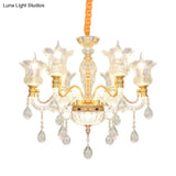 Modern Gold Glass Ceiling Lamp With Crystal Drop - Blossom 6-Bulb Chandelier For Bedroom