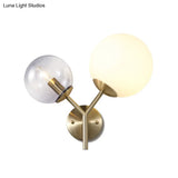 Modern Gold Globe Sconce Light Fixture - 2 Lights Wall Lamp With Smoke And White Glass Shades