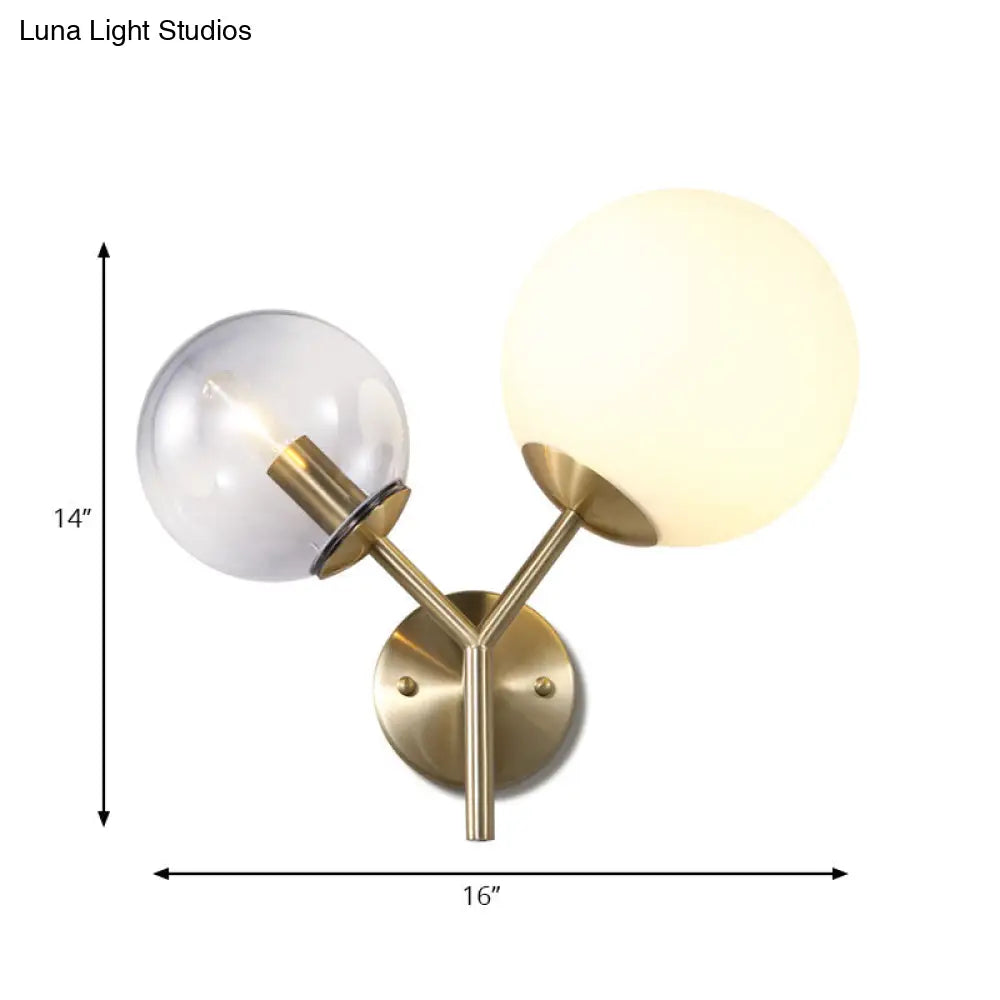 Modern Gold Globe Sconce Light Fixture - 2 Lights Wall Lamp With Smoke And White Glass Shades