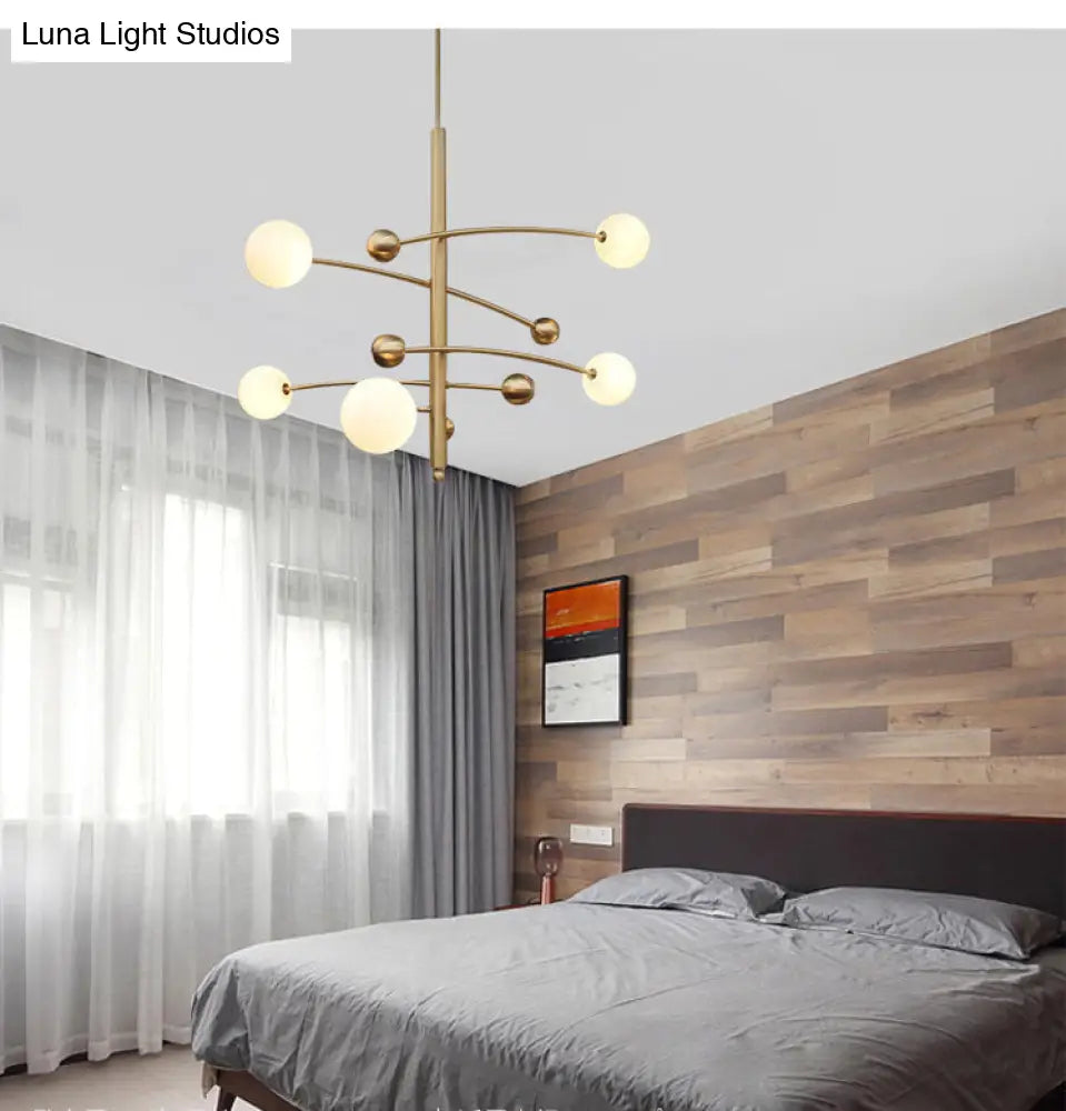Modern Gold Hanging Chandelier Light With Opal Glass Shade - 5 Ceiling Fixture For Bedroom