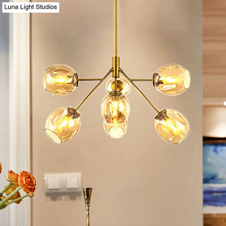 Modern Gold Hanging Lamp With Amber Glass Shade - 7/9/13 Lights Branch Chandelier