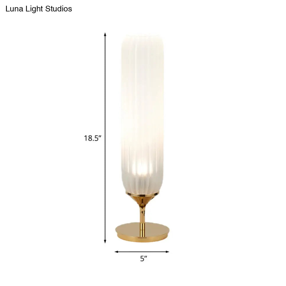Modern Gold Led Bedside Glass Desk Lamp: White Ribbed Cylinder Night Table Light