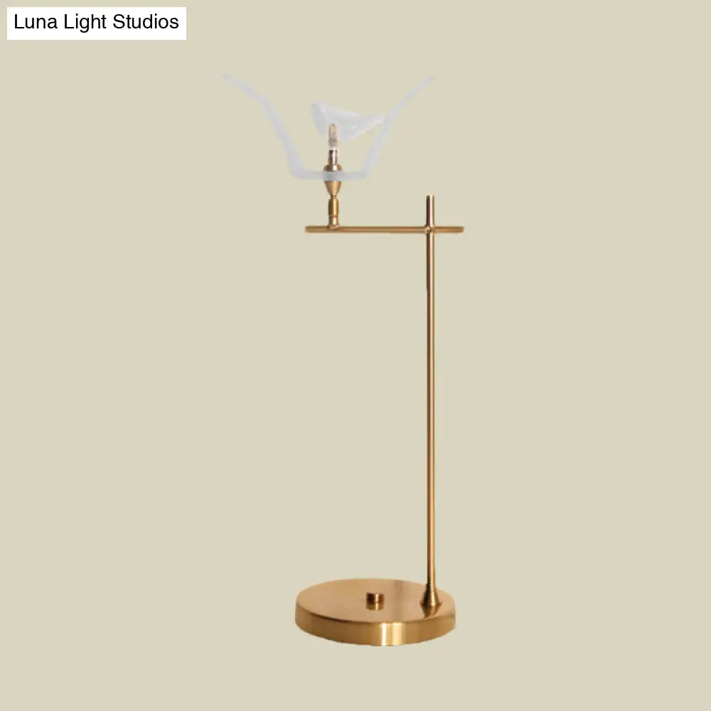 Modern Gold Led Table Lamp With Bird Opal Glass Shade - Right Angle Arm Desk Light