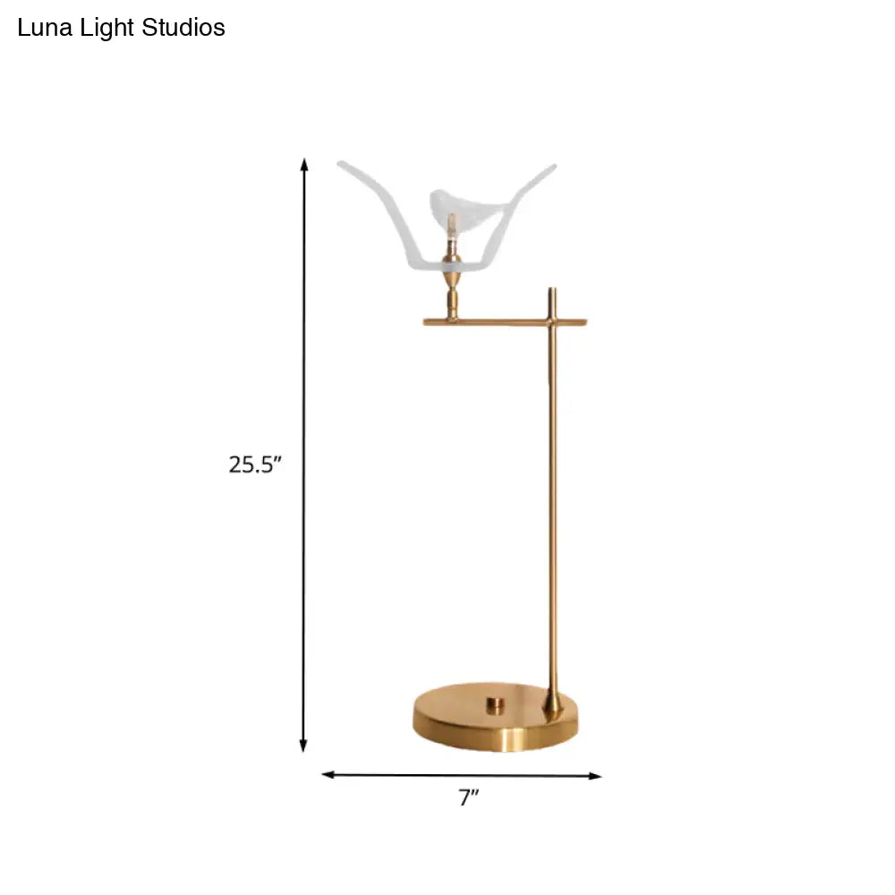 Modern Gold Led Table Lamp With Bird Opal Glass Shade - Right Angle Arm Desk Light
