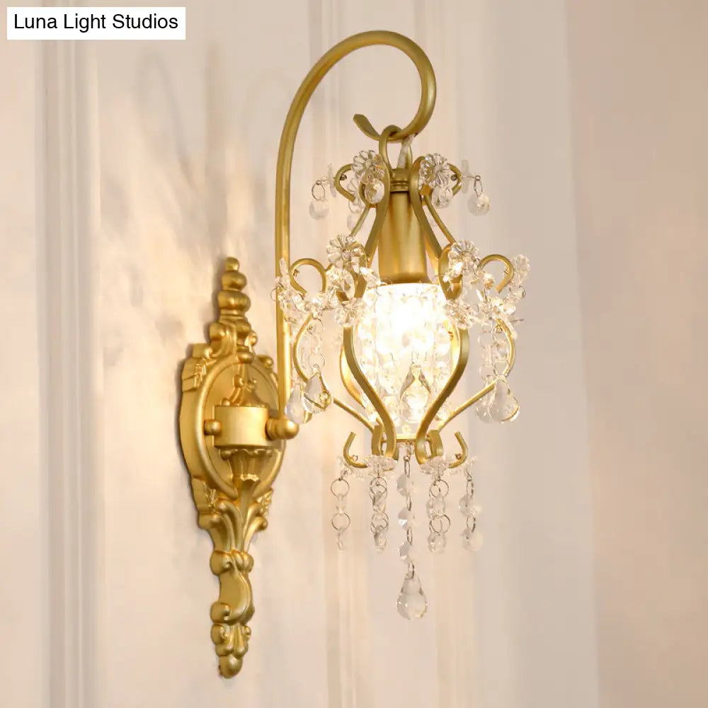 Modern Gold Metal Wall Sconce Light With Crystal Drop - 1 Corridor