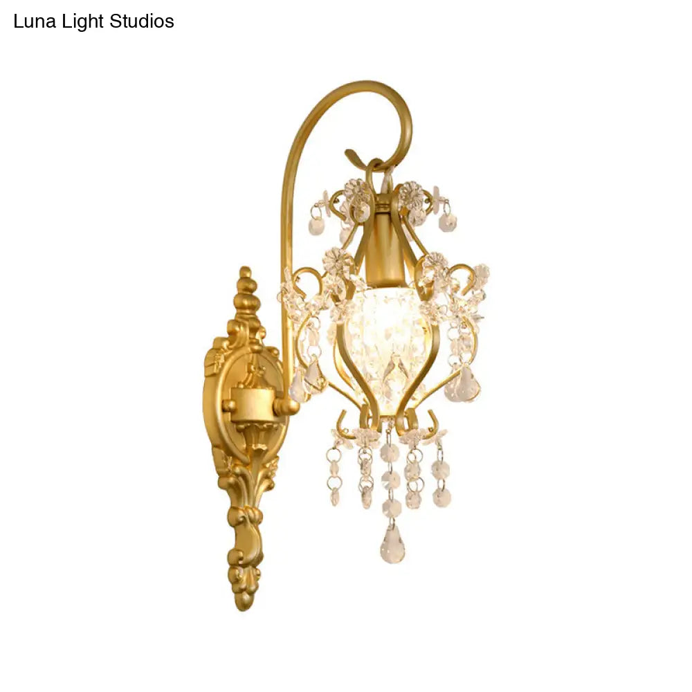 Modern Gold Metal Wall Sconce Light With Crystal Drop - 1 Corridor