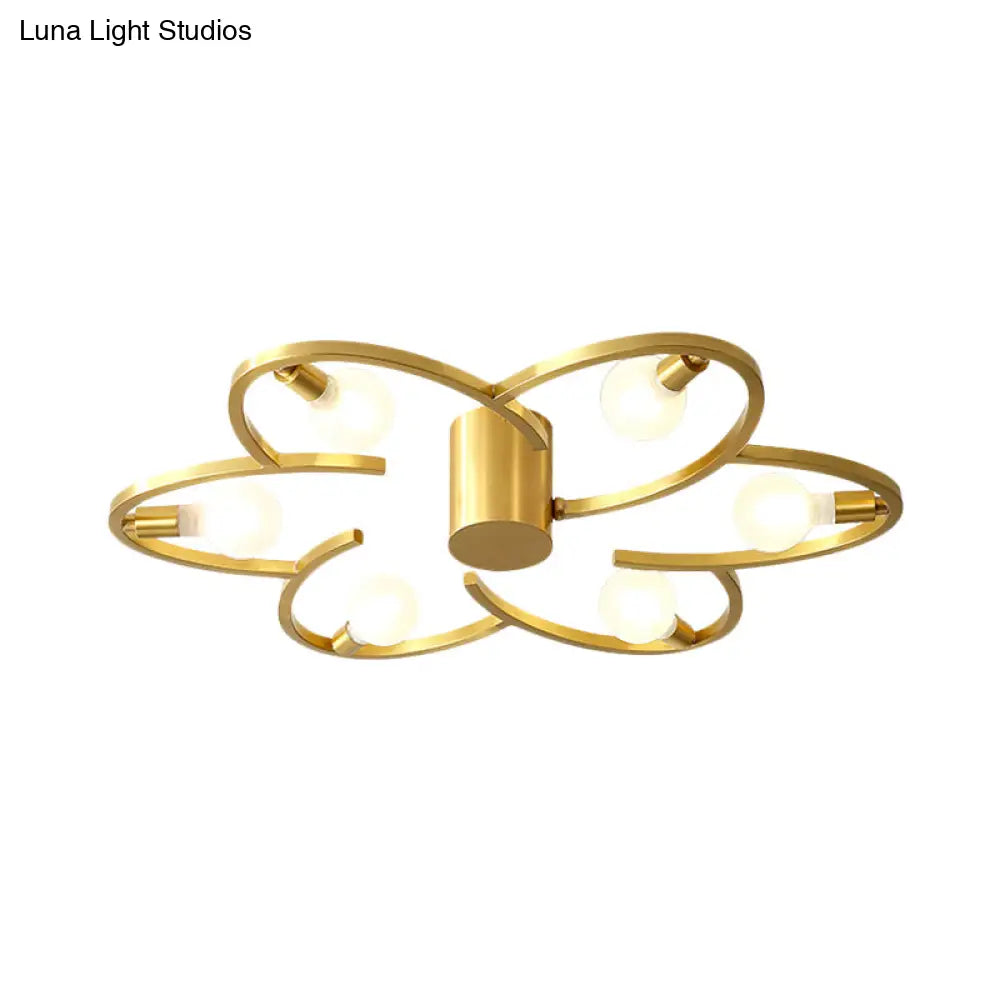 Modern Gold Metallic Flower Semi Flush Mount Ceiling Light With 5/6 - Head For Bedrooms