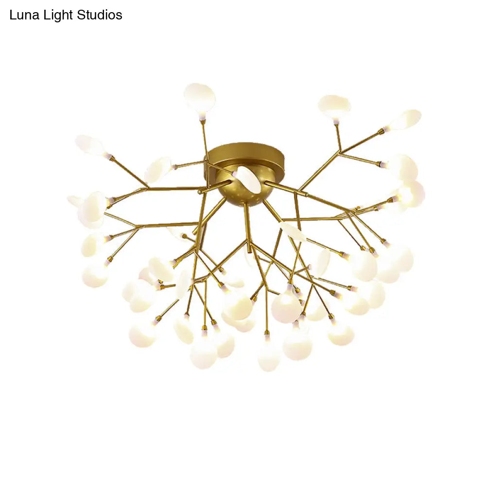 Modern Gold Multi - Head Semi Flush Ceiling Light For Hotels - Creative Plant - Shaped Metal Fixture