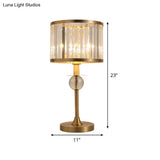 Modern Gold Nightstand Lamp With Hand-Cut Crystal Drum Shade For Living Room