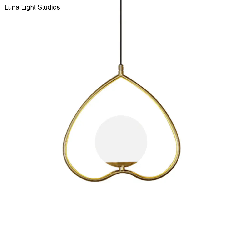 Modern Gold Pendant Light With Heart-Shaped Down Lighting Metal Frame And Opal Glass Shade