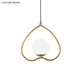 Modern Gold Pendant Light With Heart-Shaped Down Lighting Metal Frame And Opal Glass Shade