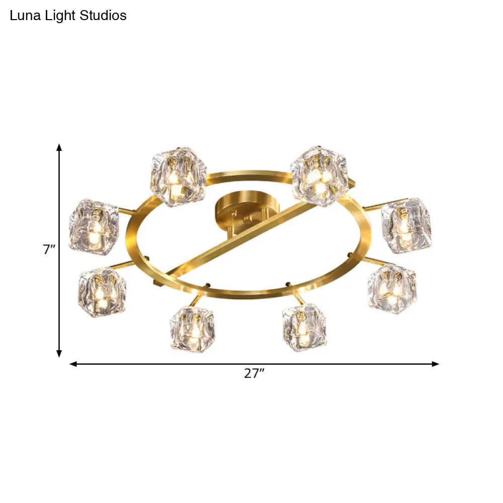 Modern Gold Ring Semi - Flush Mount Ceiling Light With Clear Crystal Cube Shade - 6/8 Bulbs Great