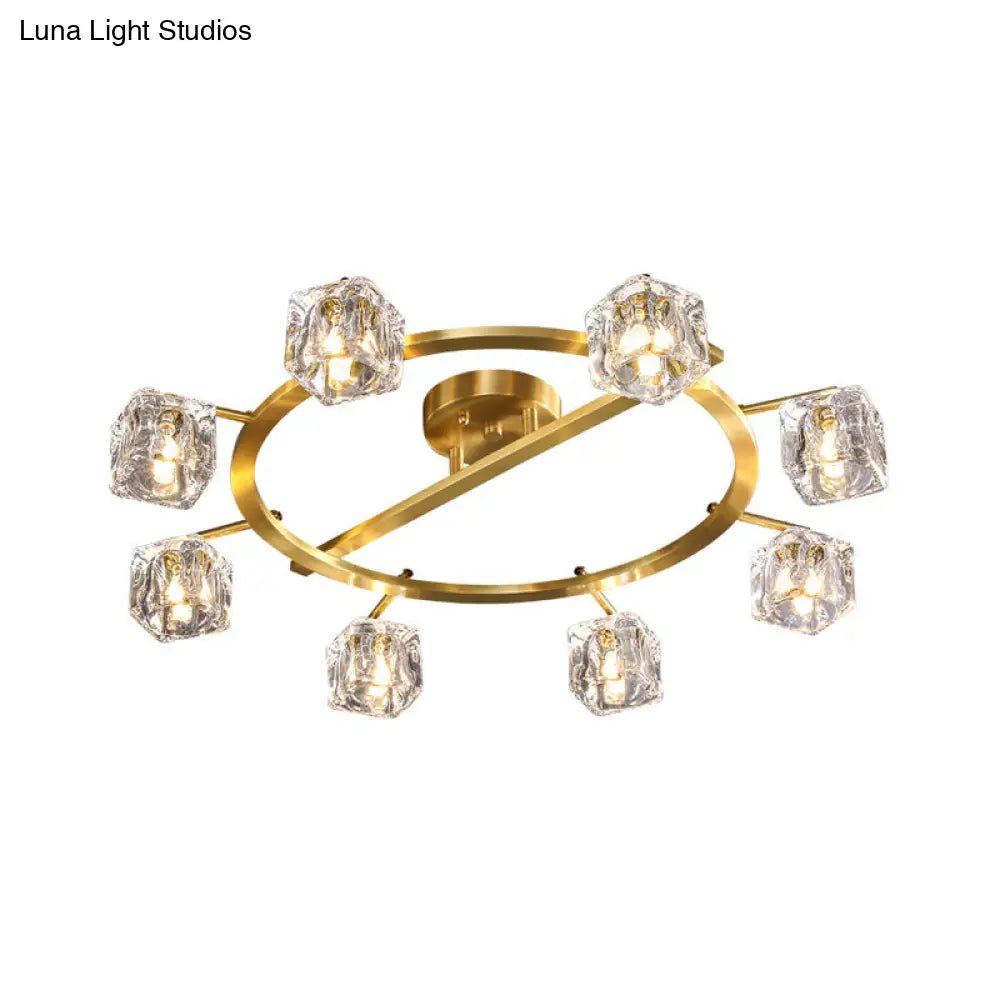 Modern Gold Ring Semi - Flush Mount Ceiling Light With Clear Crystal Cube Shade - 6/8 Bulbs Great