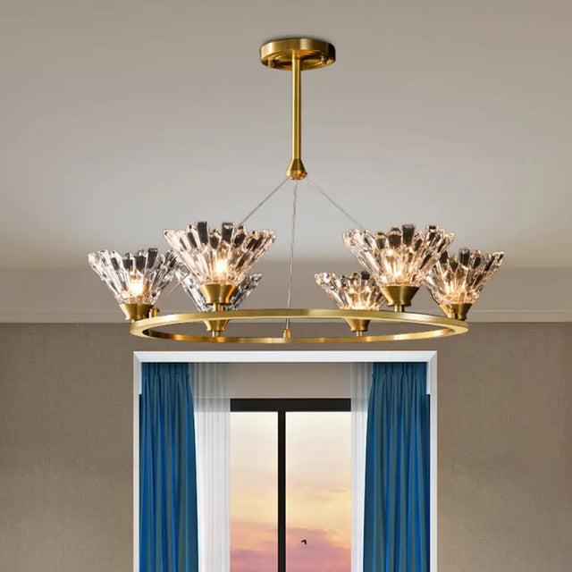 Modern Gold Rounded Pendant Chandelier With Crystal Facets - Suspended Dining Room Lighting Fixture
