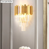 Modern Gold Sconce Light - 4 Layer Wall Fixture With Tri-Sided Crystal Rods And 2 Heads