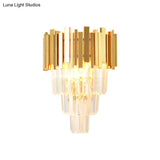 Modern Gold Sconce Light - 4 Layer Wall Fixture With Tri-Sided Crystal Rods And 2 Heads