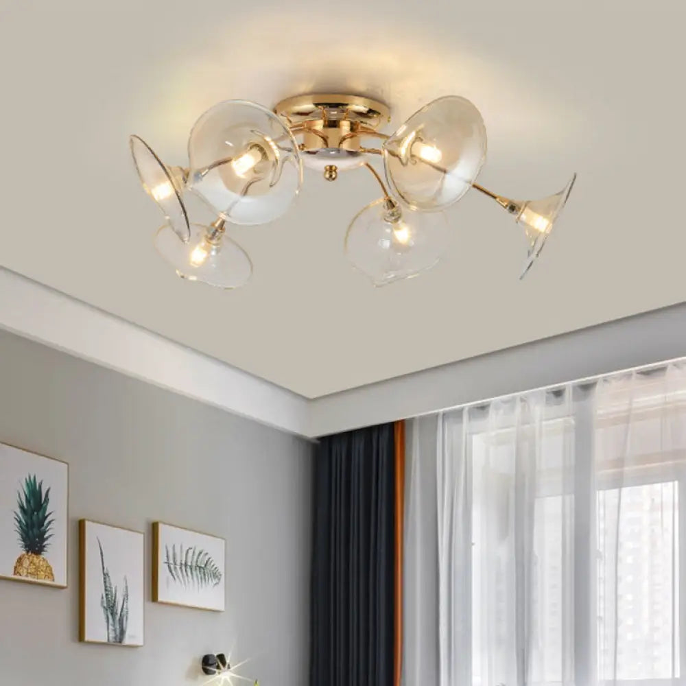 Modern Gold Semi Flush Light With Green/Clear Glass - 6 Bulbs For Living Room Clear