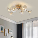 Modern Gold Semi Flush Light With Green/Clear Glass - 6 Bulbs For Living Room Clear