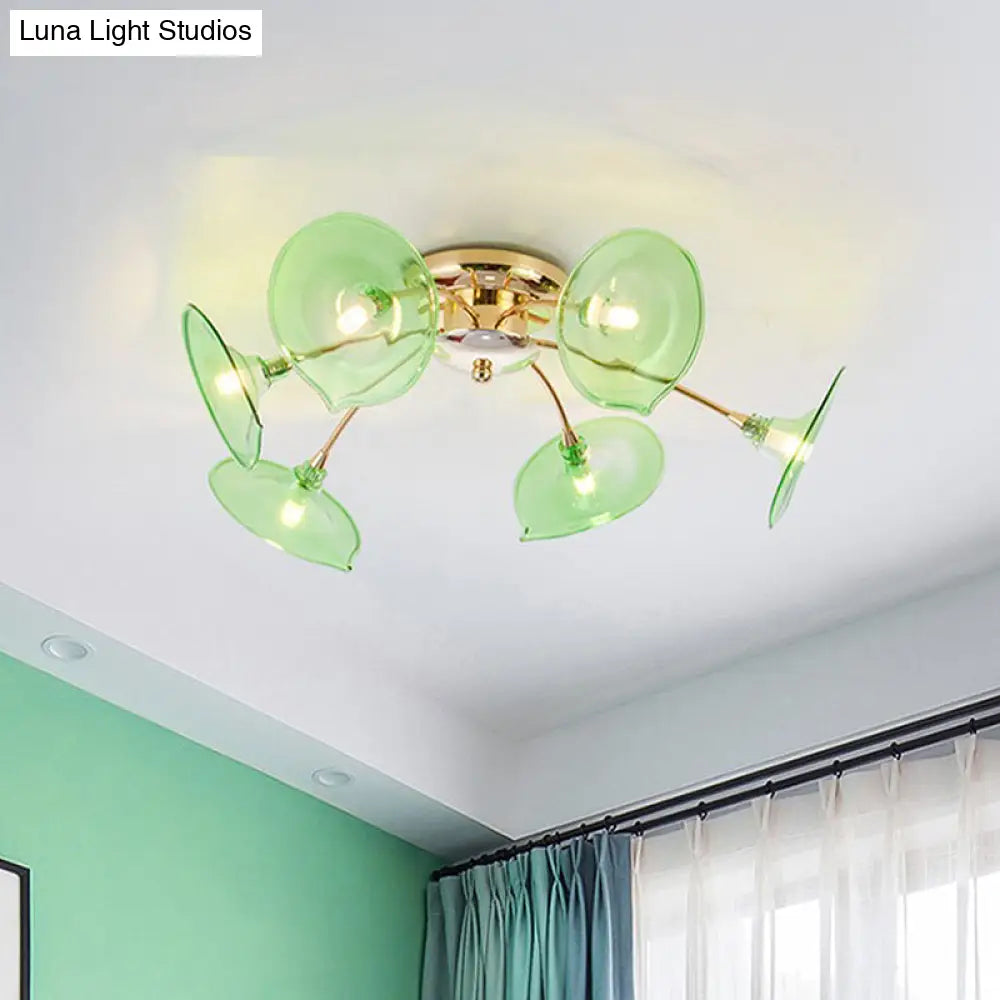 Modern Gold Semi Flush Light With Green/Clear Glass - 6 Bulbs For Living Room